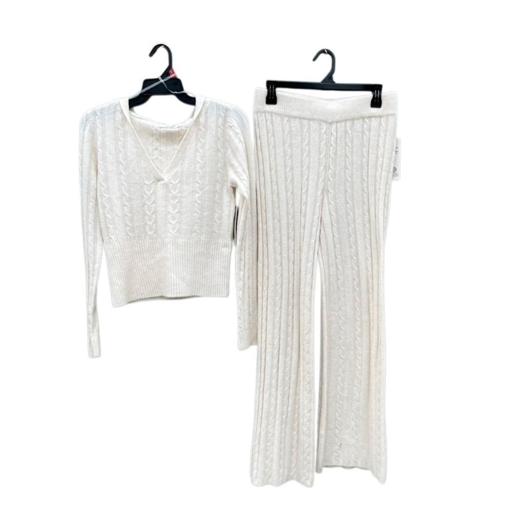 Cable Knit Sweater Hoodie & Wide Leg Pant Lightweight Lounge Set Size M